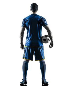 one caucasian soccer player man standing Rear View in silhouette isolated on white background