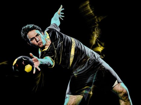 one caucasian handball player young man isolated on black background with speed light painting effect motion blur