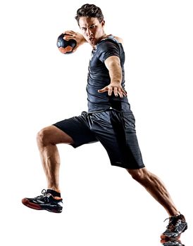 one young caucasian court handball player man in studio silhouette shadow isolated on white background