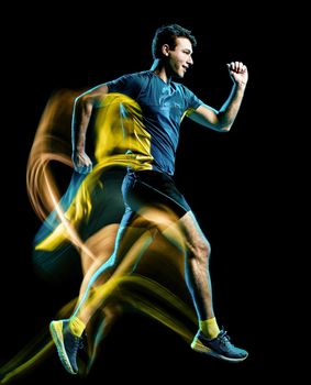 one caucasian runner running jogger jogging man light painting speed effect  isolated on black background