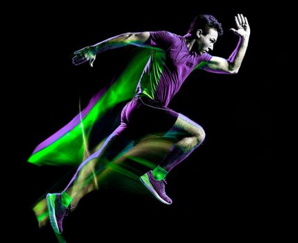 one caucasian runner running jogger jogging man light painting speed effect  isolated on black background