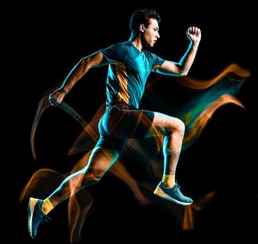 one caucasian runner running jogger jogging man light painting speed effect isolated on black background