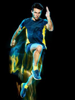 one caucasian runner running jogger jogging man light painting speed effect  isolated on black background