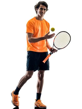 one caucasian hispanic tennis player man in studio silhouette isolated on white background