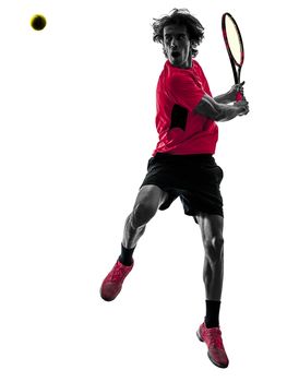 one caucasian hispanic tennis player man in studio silhouette isolated on white background