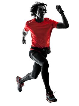 one caucasian man pratcticing runner running jogger jogging in studio silhouette isolated on white background