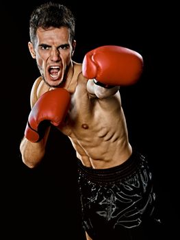 one caucasian young player man boxer boxing portrait waist up in studio isolated on black background