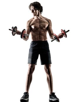 one caucasian man fitness weitghs training exercises  studio in silhouette isolated on white background