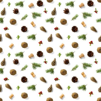 christmas seamless patterns with Pine cones wine cork and lingonberry. pattern christmas seamless on a white backdrop. Realistic photo collage. Print for paper, fabric, wallpaper.