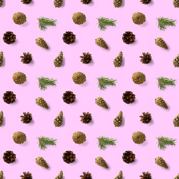 christmas seamless patterns with Pine cones wine cork and lingonberry. pattern christmas seamless on a pink backdrop. Realistic photo collage. Print for paper, fabric, wallpaper.