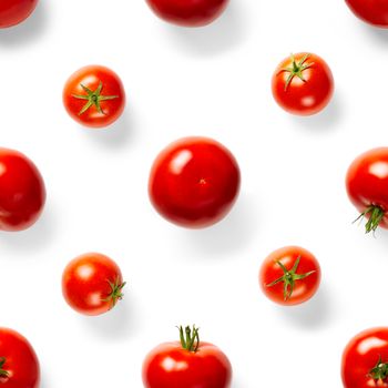 Seamless pattern with red ripe tomatoes. Tomato isolated on white background. Vegetable abstract seamless pattern. Organic Tomatoes flat lay.