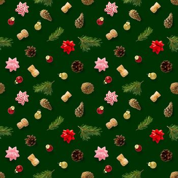 Seamless regular creative Christmas pattern with New Year decorations on green background. xmas Modern Seamless pattern made from christmas decorations. Photo quality pattern for fabric, prints, wallpapers, banners or creative design works.