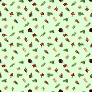 christmas seamless patterns with Pine cones wine cork and lingonberry. pattern christmas seamless on a green backdrop. Realistic photo collage. Print for paper, fabric, wallpaper.