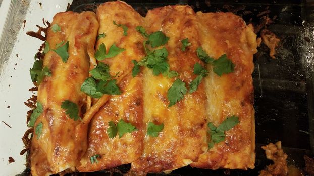 cheesy enchiladas with tortillas with cilantro in glass container on stove