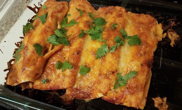 cheesy enchiladas with tortillas with cilantro in glass container on stove