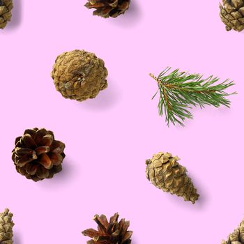 christmas seamless patterns with Pine cones wine cork and lingonberry. pattern christmas seamless on a pink backdrop. Realistic photo collage. Print for paper, fabric, wallpaper.