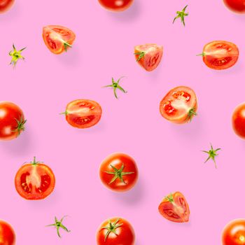 Seamless pattern with red ripe tomatoes. Tomato isolated on rose background. Vegetable abstract seamless pattern. Organic Tomatoes flat lay.