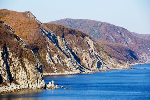 Picturesque rocks of the North Cape. Marine area of the Sikhote-Alin Biosphere Reserve in the Primorsky Territory.