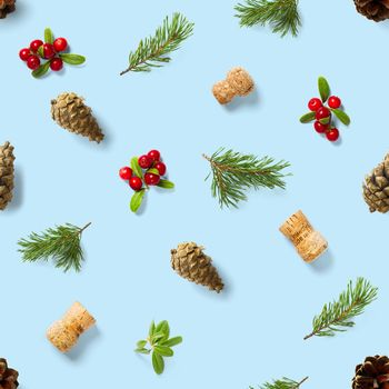 christmas seamless patterns with Pine cones wine cork and lingonberry. pattern christmas seamless on a blue backdrop. Realistic photo collage. Print for paper, fabric, wallpaper.