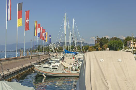 BARDOLINO, ITALY 16 SEPTEMBER 2020: Port on Garda Lake of Bardolino with boats