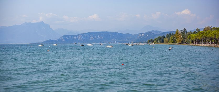 Garda panorama view from Lazise in Italy during afternoon