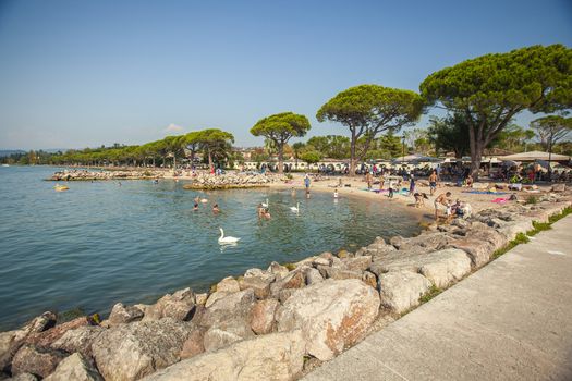 LAZISE, ITALY 16 SEPTEMBER 2020: Beach in Garda Lake in Lazise