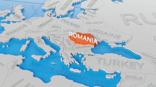 Romania highlighted on a white simplified 3D world map. Digital 3D render.