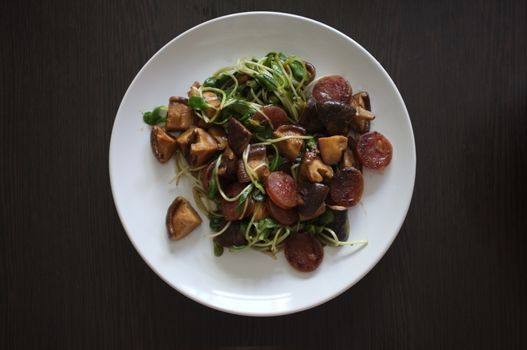 Fried Sunflower Sprout and chinese sausage with Oyster Sauce - healthy food style