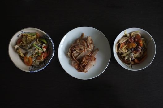 Northeast Thai food papaya salad, Minced Pork,Grilled Pork Neck,Spicy Bamboo Shoot Salad