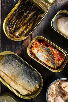 Conserves of canned fish with different types of fish and seafood, opened and closed cans with Saury, mackerel, sprats, sardines, pilchard, squid, tuna, over old wood surface, top view.