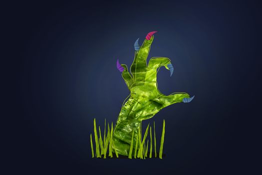 Funny and greenish Halloween monster hand, created with the photographic collage technique, can be cut out easily with the stroke included in the image.