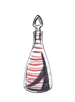 Decorative bottle isolated on white background. Retro glass. Watercolor hand-drawn illustration.