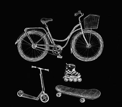 Set of sport transport objects: bicycle, scooter, roller and skateboard. Sketch isolated on black background. Hand-drawn illustration