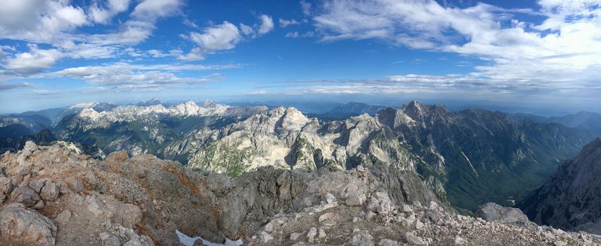 Triglav summit panorama view on surrounding mountain range of Triglav National Park in Slovenia. Travel and tourism