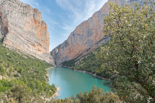 View of the Congost de Mont-rebei gorge in Catalonia, Spain in summer 2020.