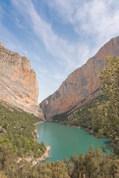 View of the Congost de Mont-rebei gorge in Catalonia, Spain in summer 2020.