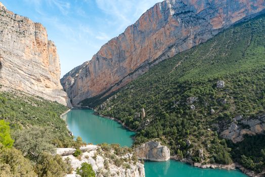 View of the Congost de Mont-rebei gorge in Catalonia, Spain in summer 2020.