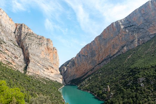 View of the Congost de Mont-rebei gorge in Catalonia, Spain in summer 2020.