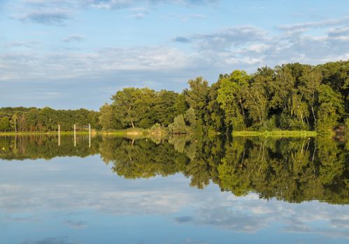 reflection of the trees in the lake of national park the iron man in Weert in Holland,this is in summer a place to swim and watersport