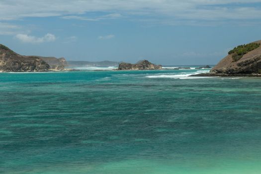 Panorama shot of Tanjung Aan Beach in Lombok, West Nusa Tenggara. Top tourist destination in Indonesia.