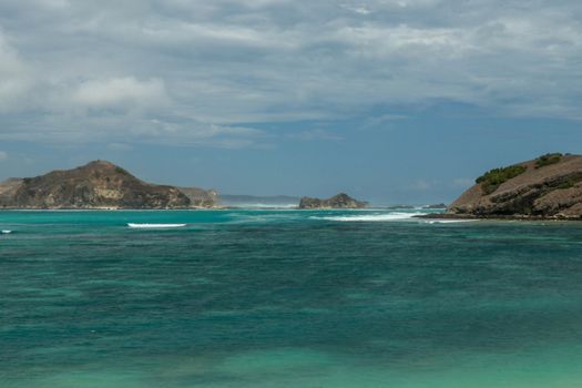 Panorama shot of Tanjung Aan Beach in Lombok, West Nusa Tenggara. Top tourist destination in Indonesia.