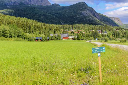 Beautiful road with hiking trails through the landscape of Hemsedal in Viken, Norway.