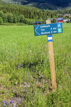 Green signs for hiking trails in Hemsedal, Viken in Norway.
