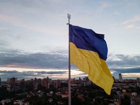 Kyiv - National flag of Ukraine by day. Aerial. Kiev