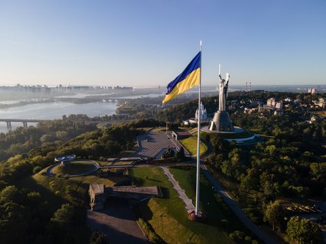 Kyiv - National flag of Ukraine by day. Aerial. Kiev