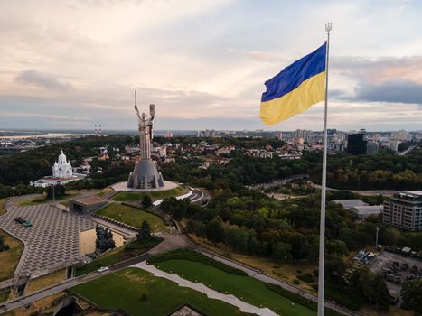 Kyiv - National flag of Ukraine by day. Aerial. Kiev