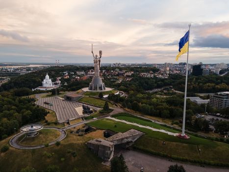 Kyiv - National flag of Ukraine by day. Aerial. Kiev