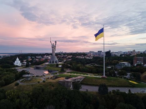 Kyiv - National flag of Ukraine by day. Aerial. Kiev