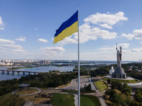 Kyiv - National flag of Ukraine by day. Aerial. Kiev