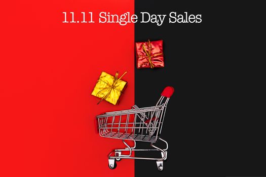 shopping cart and gift box, year-end sale, 11.11 singles day sale concept